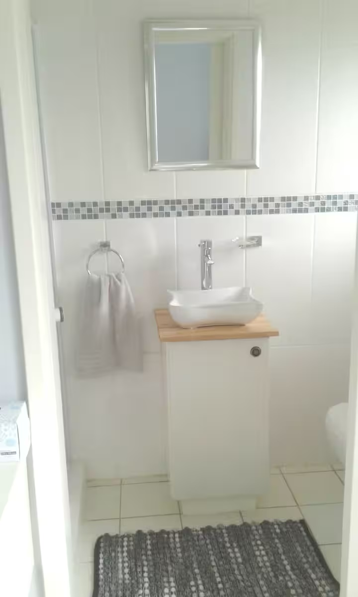 The private ensuite with shower, basin and mirror